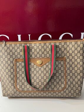 Authentic Gucci GG Supreme Canvas Tote with Green-Red Web Straps